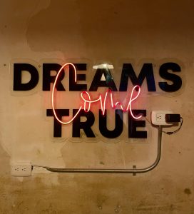 Stylish neon sign 'Dreams Come True' on a rustic wall, perfect for inspirational themes.